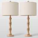 BOBOMOMO 25" Farmhouse Table Lamps Set of 2, Rustic Nightstand Lamps with Wood Grain Resin Base & Linen Shade, Standard Table Lamps for Bedroom, Living Room, Reading Nock & House Dcor