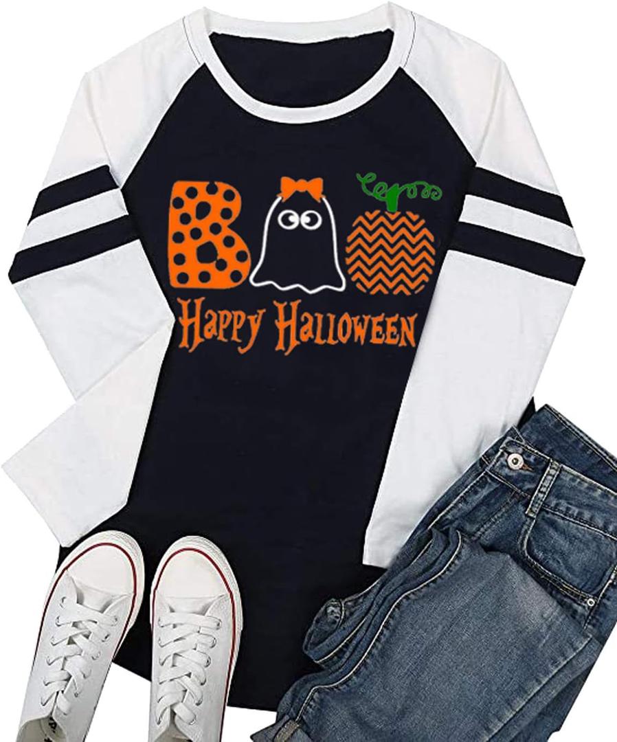Happy Halloween Ghost Souls Funny Tshirt for Women Long Sleeve Tops Cute Color Block Casual Shirt (Large, White)