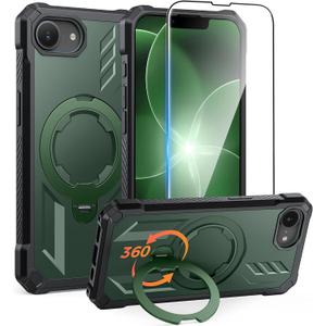FNTCASE for iPhone 17e Phone Case: for iPhone 16e Case with [360 Spin Magnetic Ring Kickstand] [Compatible for MagSafe] [Screen Protector] Heavy Duty Military Grade Protection Case with Stand Green