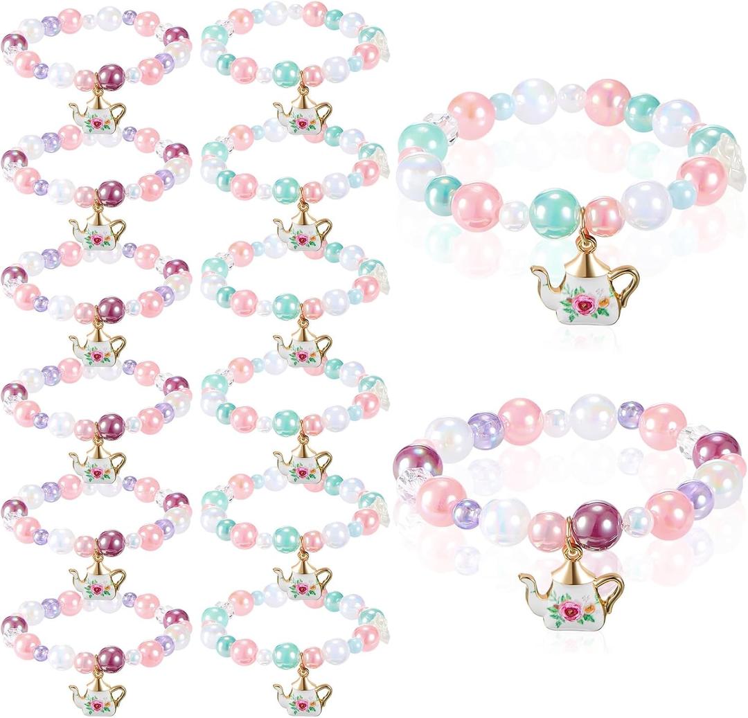 Ecally 12 Pcs Tea Party Favors Bracelet Bulk Tea Pot Beaded Bracelet Party Supplies Pendant Accessories Decorations for Kids Girl