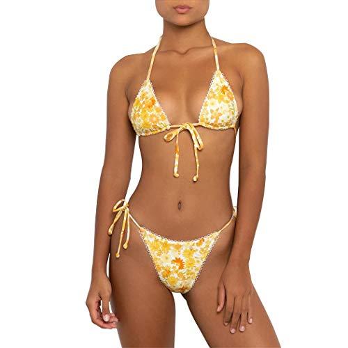 Women's Two Piece Bikini Swimsuit Set Floral Padded Top Tie Side Triangle Thong Bathing Suit Yellow Small 