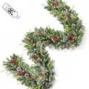 9FT Prelit Christmas Garland Decorations Snow with Dual Color LED Lights and Timer by Remote Control and Batteries Operated, Home Mantle Stairs Railing Fireplace Outdoor Indoor Wall