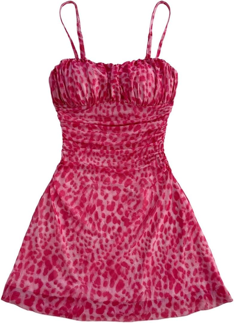 Verdusa Women's Leopard Print Y2K Mini Dress Fitted Spaghetti Strap Mesh Slip Dress Pink Medium