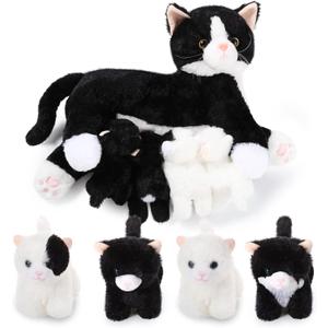 Skylety Nurturing Cat Stuffed Animal with 4 Plush Kittens, Cats Baby Stuffed for Girls Boys Plushy Mommy Kitty with Baby Kittens for Birthday Party Favors Gifts(Fluffy Style)