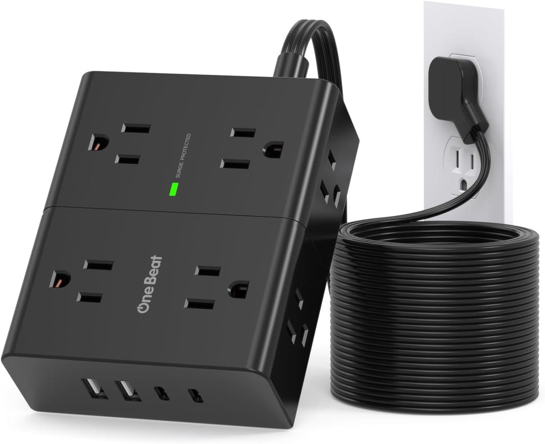 10Ft Extension Cord with Multiple Outlets, Flat Plug Power Strip Surge Protector 10 Ft Long Cord, 8 Outlet 4 USB Ports (2 USB C), Multi Outlet Wall Plug for Office, College, Dorm Room Essentials