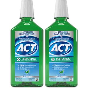 ACT Restoring Anticavity Fluoride Mouthwash with Zero Alcohol, Repairs Enamel & Strengthens Teeth, Mint Burst, 33.8 fl. oz., 2 pk