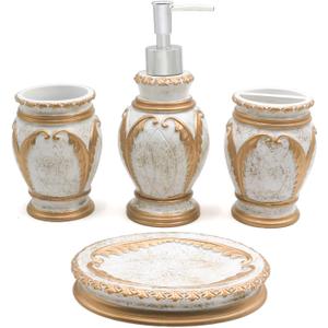 LUANT 4 Pieces Bathroom Accessory Set Including Tumbler, Toothbrush Holder, Soap Dish and Soap Dispenser, White with Gold