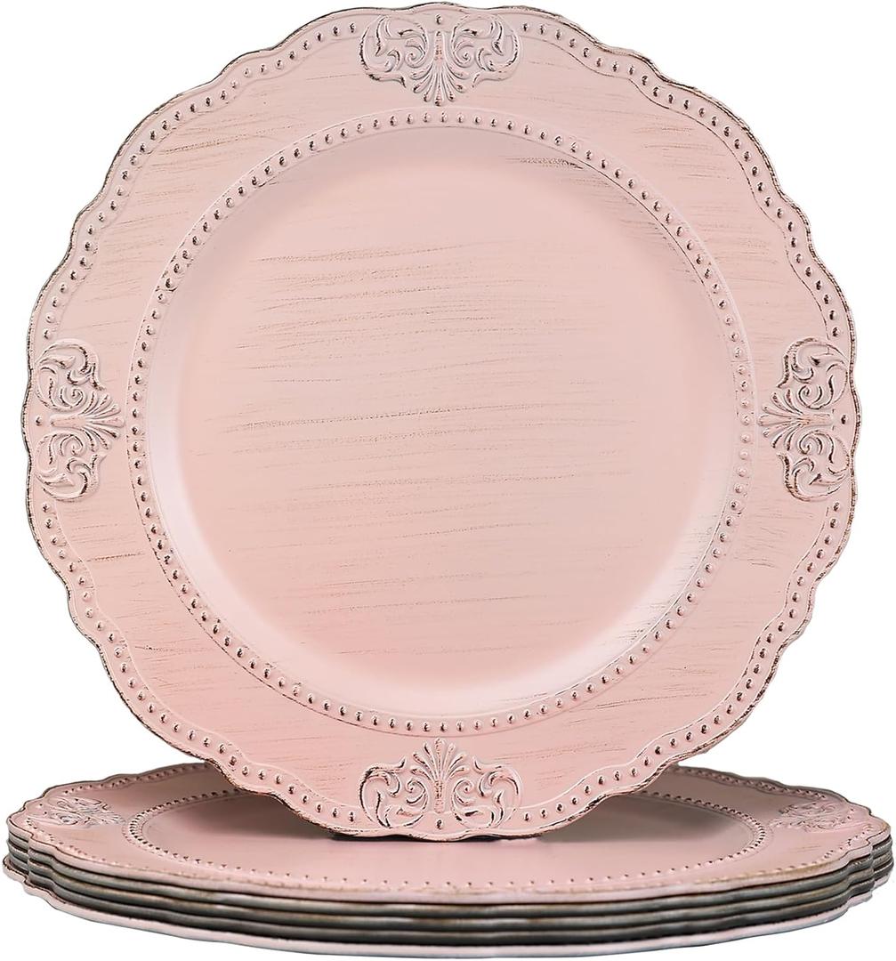 Spsyrine Antique Pink Charger Plates Set of 6, 13" Embossed Chargers for Dinner Plates, Wedding, Party