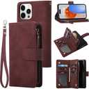 RANYOK Wallet Case for iPhone 15 (6.1 inch) with RFID Blocking Credit Card Holder, Premium PU Leather [Zipper Pocket] Flip Folio Case Wallet with Wrist Strap Kickstand Protective Case (Wine Red)