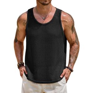 Mens Hollow Out Tank Top Vacation Summer See Through Crochet Sleeveless Shirt Beach Muscle Knit Vest (L)
