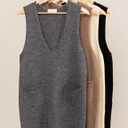 Womens Sweater Vest Dress V Neck Sleeveless Knit Pullover Pinafore Mini Dress with Pockets (Small, Grey)