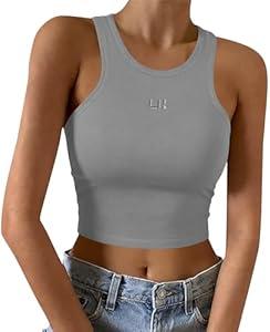 LouKeith Womens Cropped Tank Tops Racerback High Neck Ribbed Cotton Fitted Sleeveless Crop Tank Basic Top Gray S