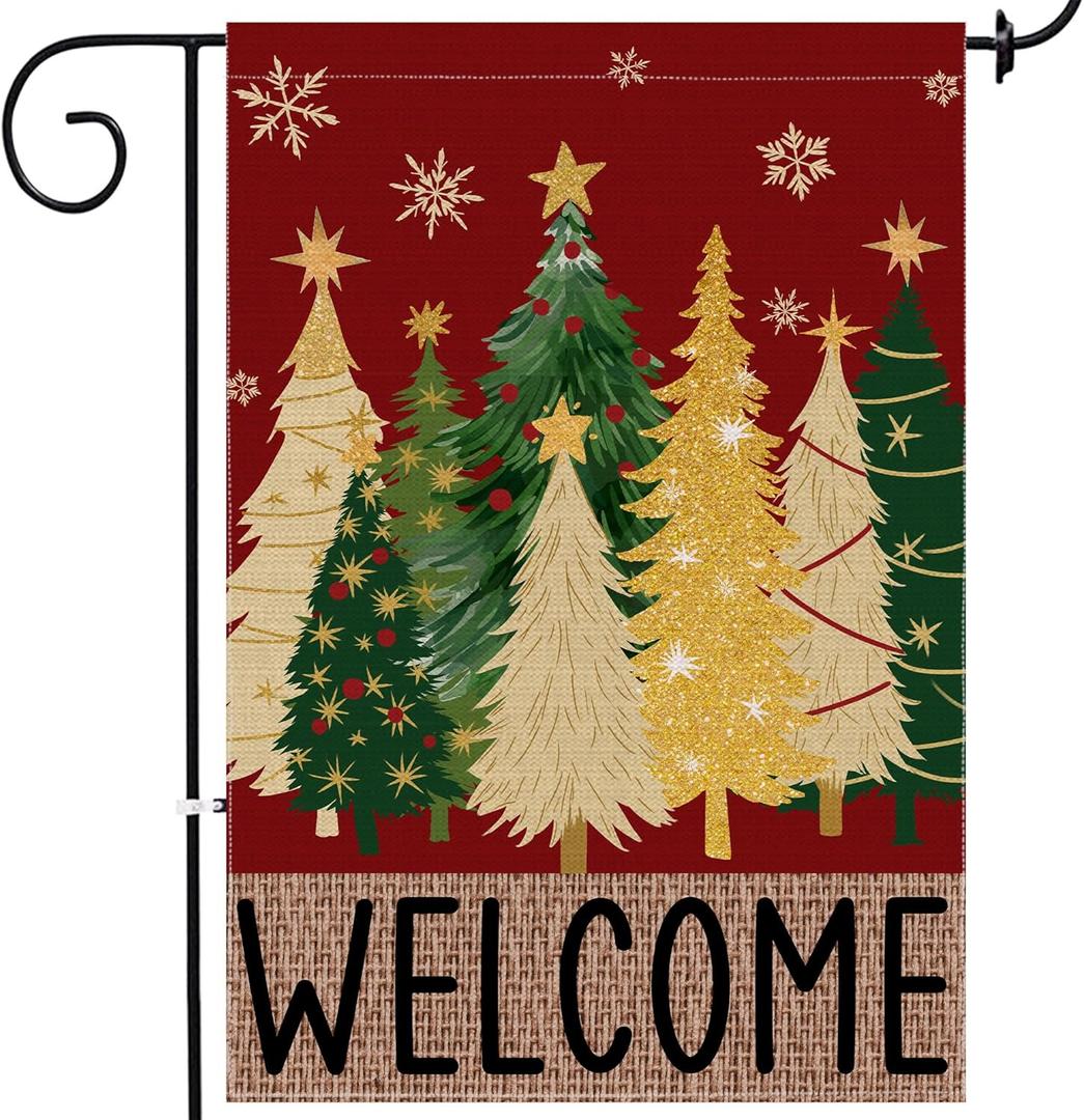 2 x Merry Christmas Garden Flag, Christmas Trees Yard Flag 12x18 Double Sided Red Outdoor Decorations, Winter Trees Holiday Decor Welcome Burlap Garden Flag Rustic Outdoor Farmhouse Xmas for Porch Yard