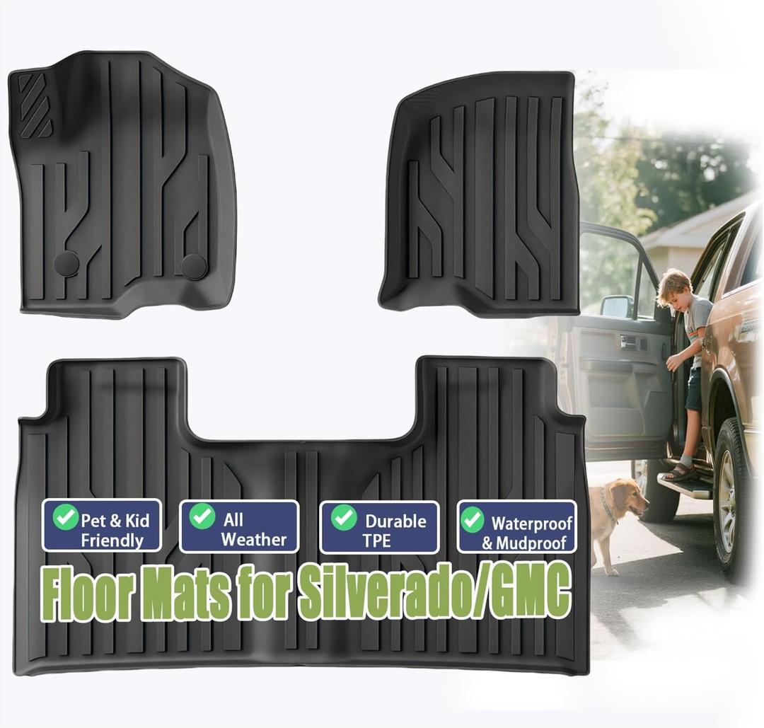 Floor Mats for Chevy Silverado/GMC Sierra 1500 Crew Cab (2019-2025) & 2500HD/3500HD Crew Cab (2020-2025) - with Rear Underseat Storage Compartment (Excludes Models w/Factory Plastic Storage)