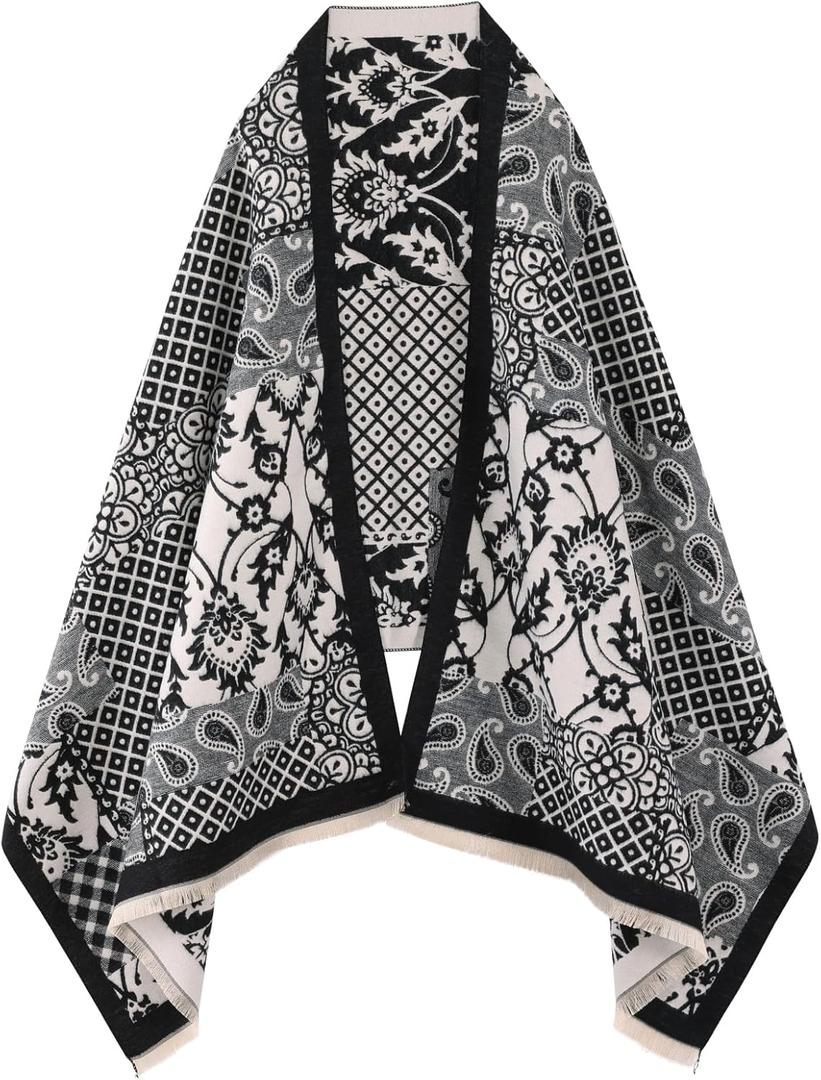 MINIDORA Womens Warm Reversible Pashmina Shawls Large Soft Winter Scarfs Jacquard Wraps for Evening Dresses (Style 3-black)