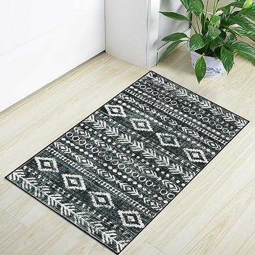 Kitchen Rugs Non Slip Washable Rugs for Entryway, Boho Black White 30*96 inchEntry Rug Ultra-Thin Moroccan Print Bathroom Mat with Rubber Backing, Farmhouse Small Rug for Indoor Entrance