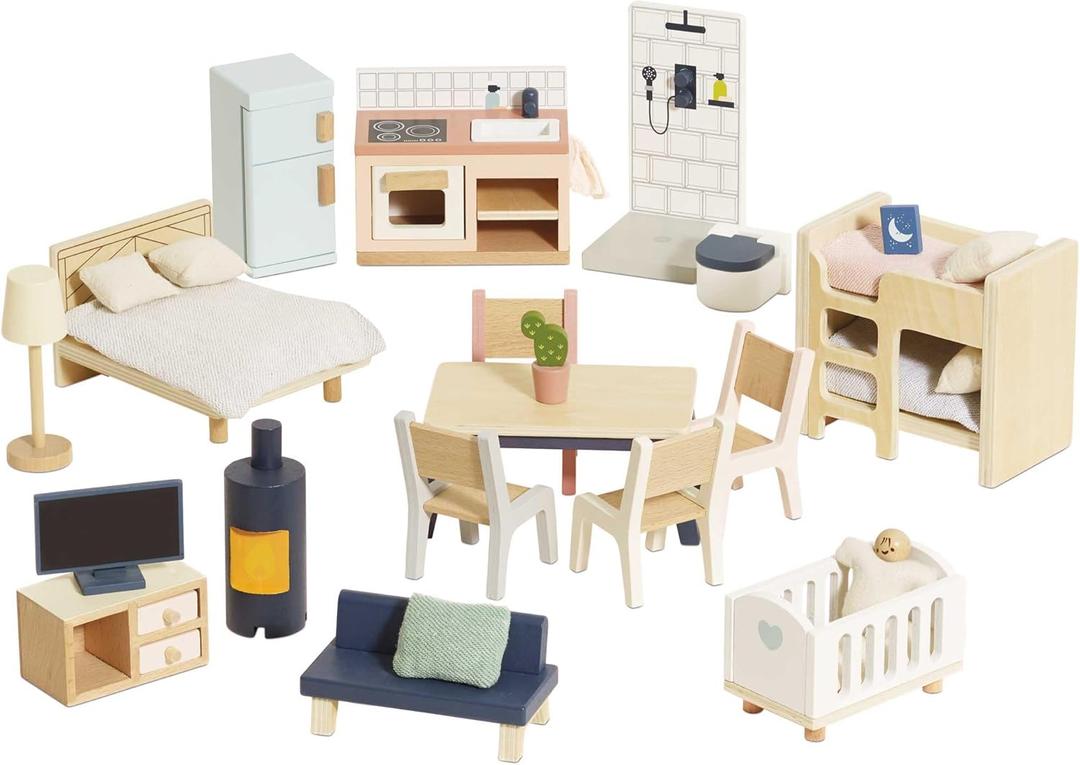 Le Toy Van - Wooden Dolls House Full Starter Furniture & Accessories Play Set for Dolls Houses | Girls or Boys Dolls House Furniture Sets - Suitable for Ages 3+ (Multicoloured)