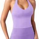 YEOREO Women's Halter Crop Top V Neck Workout Going Out Tank Top Padded Sleeveless Backless Trendy Summer Camisole (Large, Light Purple)