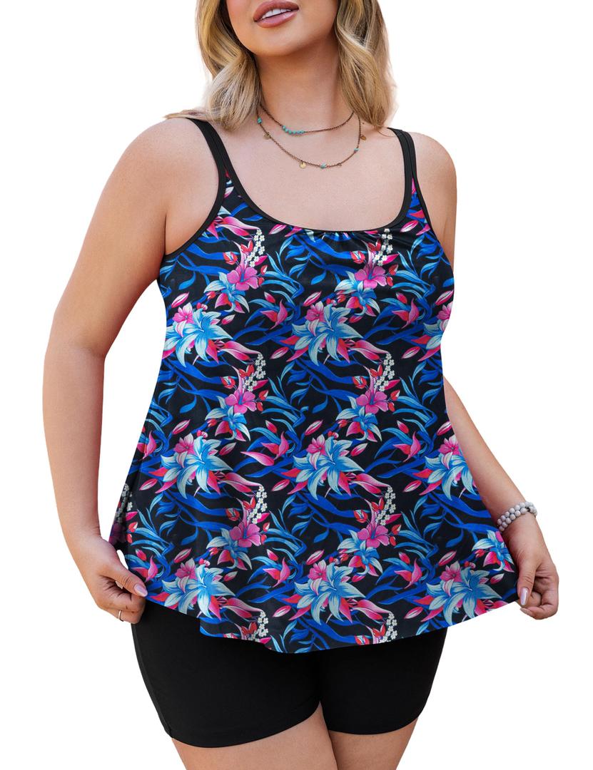 Tralilbee Tankini Swimsuits for Women Two Piece Bathing Suits Floral Flowy Tankini Top with Shorts Black, 2X (Black, XXL)