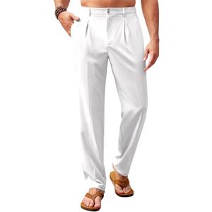 Runcati Mens Casual Pants Elastic Waist Lightweight Loose Fit Pleated Slacks Summer Beach Yoga Trousers (White)