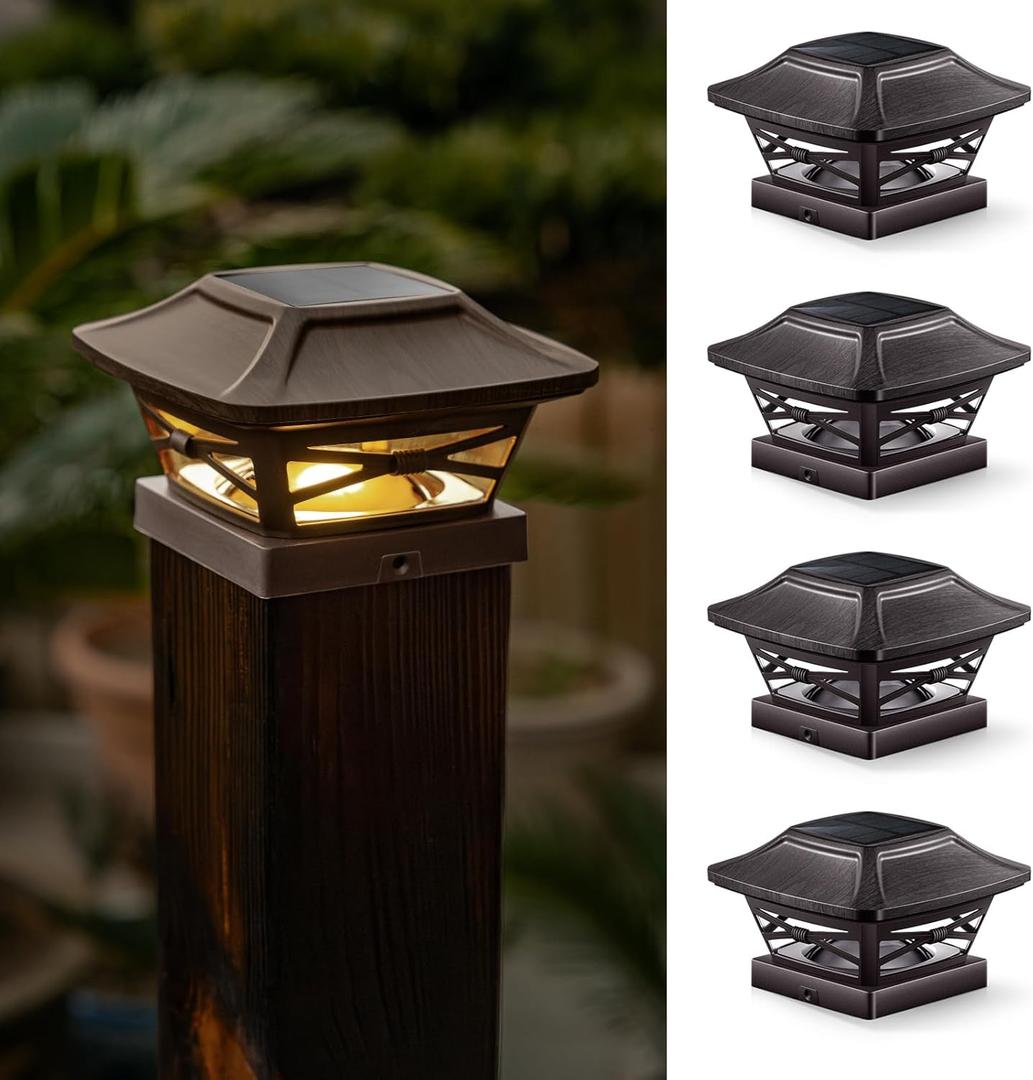 Wood Grain Solar Post Cap Lights, Dual-Core LED Fence Lights with Craftsman Design, 4 Pack Waterproof Outdoor Caps for 4x4 Wooden/Vinyl Post (Brown)