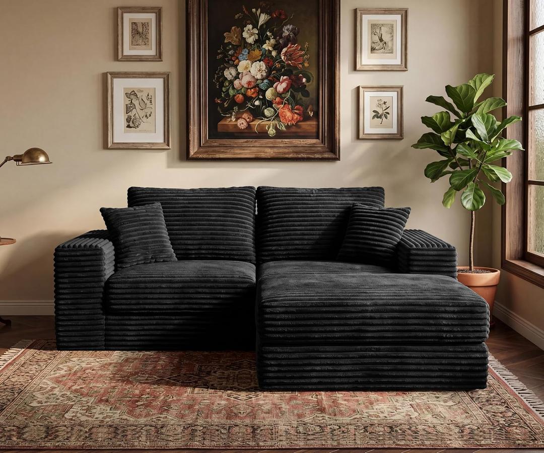 75'' L-Shaped Cloud Modular Sectional Couch with Chaise, Modern Corduroy Memory Foam Sofa Bed, Upholstered Boneless Deep Seat Fluffy Sleeper Sofa, for Living Room, No Assembly Needed (Black)