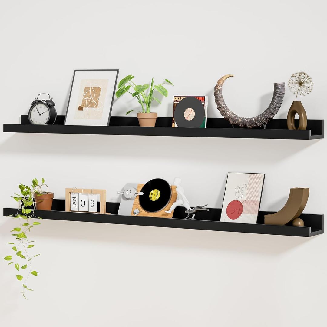 Heimlove Picture Ledge Shelf,48 inch Long Floating Shelves for Wall Set of 2,Black Picture Shelf with Lip for Wall Decor,Living Room,Bedroom,Bookshelf,Nursery,Perfume