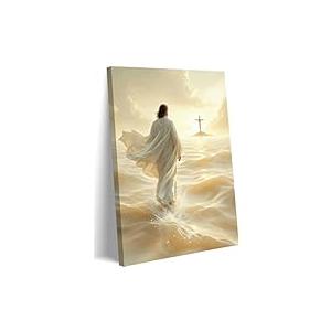 Jesus Walking On Water Poster Canvas Wall Art Religious Ocean Painting Picture Wall Decor Christian Canvas Print Artwork For Living Room Bathroom Bedroom Church Home Decoration12x18inch(30x45cm)