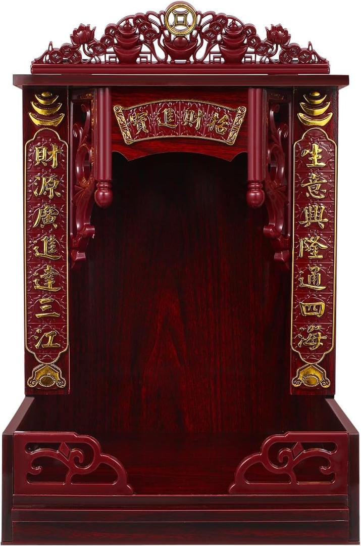 Wooden Buddha Display Cabinet Shelf for Home Feng Shui Decor, Tabletop or Wall Leaning Statue Holder with Pull-Out Tray, Chinese Style