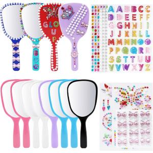 Small Handheld Mirror with Handle Bulk Princess Mirror with Gem Rhinestone Stickers Mini Travel Makeup Mirror for Kids DIY Crafts Girls Party Favors (12, Bright Color)