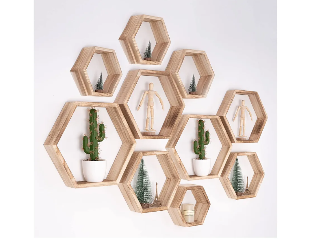 WONFUlity Hexagon Floating Shelves - Honeycomb Wall Mounted Wood Farmhouse Storage for Bathroom, Kitchen, Bedroom, Living Room - Driftwood Finish Decor, Light Brown