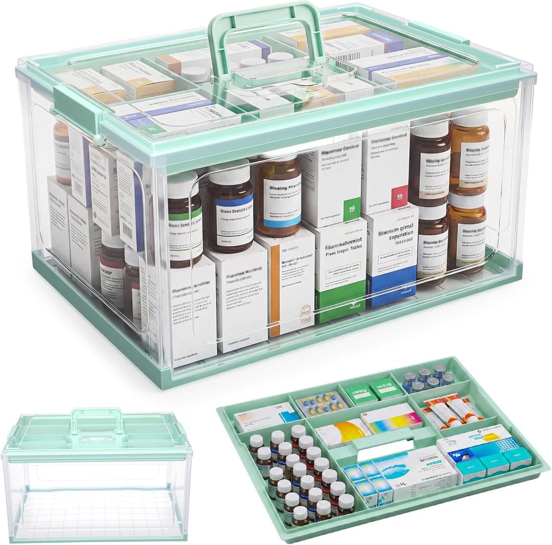Hushee 24qt Clear Medicine Organizer Storage Box Plastic First Aid Box Empty with Removable Tray and Handle Portable Collapsible Medical Supply Container for Home, Travel, Emergency Use