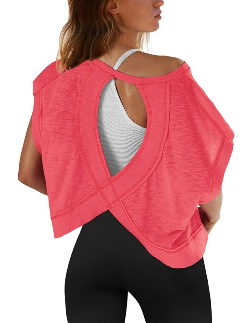 SENSERISE Womens Open Back Workout Tops Backless Short Sleeve Athletic Shirt Running Crop Top Gym Yoga Tee S