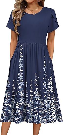 HOTOUCH Women's Summer Short Sleeve A-Line Midi Dresses Casual Floral T-Shirt Dress Flowy Beach Sundress with Pockets XL Navy Blue Floral