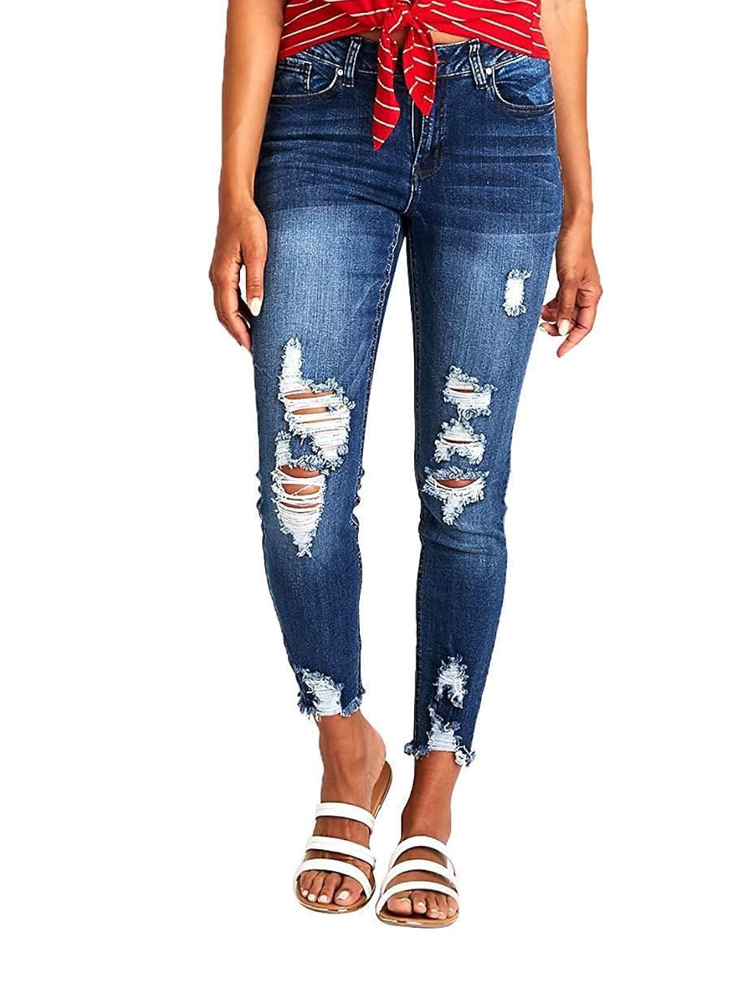 RHODANTHE Women's Ripped Boyfriend Jeans Stretch Skinny Jean Trendy Distressed Straight Leg Jeans with Holes