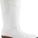 DREAM PAIRS Women's Cowboy Boots Mid Calf Cowgirl Boots Square Toe Chunky Heel Embroidery Stitched Western Boots, White (US 8.5)