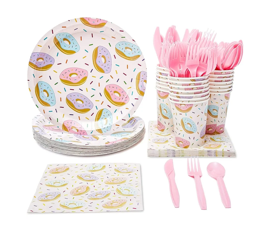 144 Piece Donut Grow Up Party Supplies, Serves 24 Guests Disposable Sprinkle Paper Plates, Cocktail Napkins, Cups, Cutlery, Two Sweet Birthday Party Decorations - Donut Plates