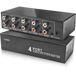 3.5mm Aux + RCA L/R Audio Splitter 1 in 4 Out, BolAAzuL 4-Way Stereo Audio Distributor Box 4-Channel Stereo RCA Splitter 1x4 for DVD Player, Game Console, Headphones, Speaker - w/Power