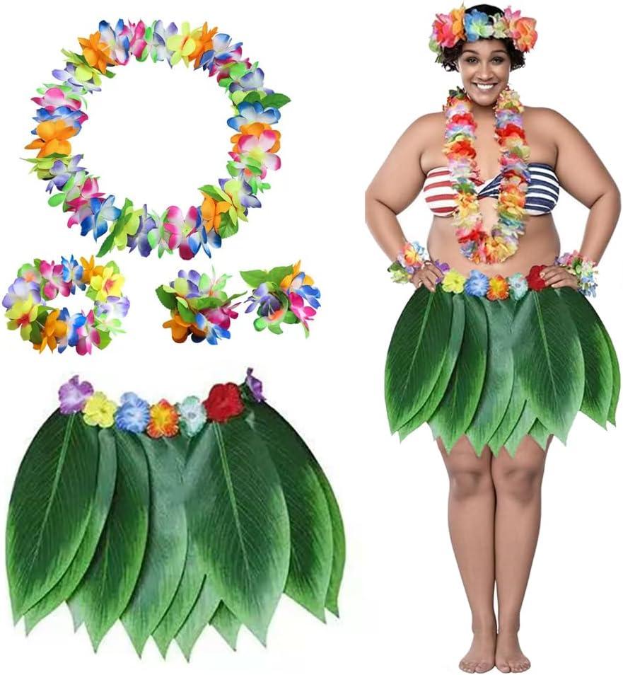 Hawaiian Hula Leaf Skirt Set Plus Size with Lei Necklace, Bracelet and Hair Clips, Tropical Hawaiian Costume Set ( No Size )