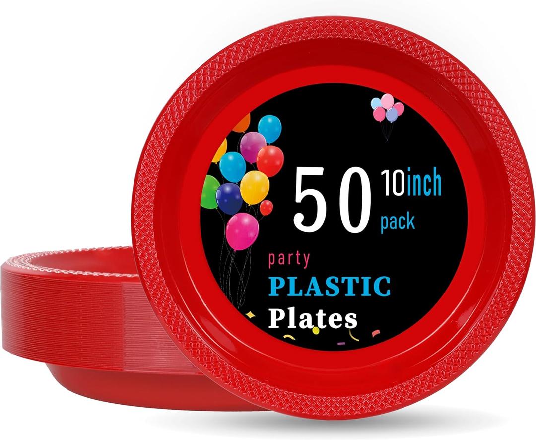WELLIFE Red Plastic Plates 10 Inch 50 Count Disposable Plate for Party Mother's Day, Large Big Plate for Dinner Party Supplies Birthday Camping BBQ Baby Shower