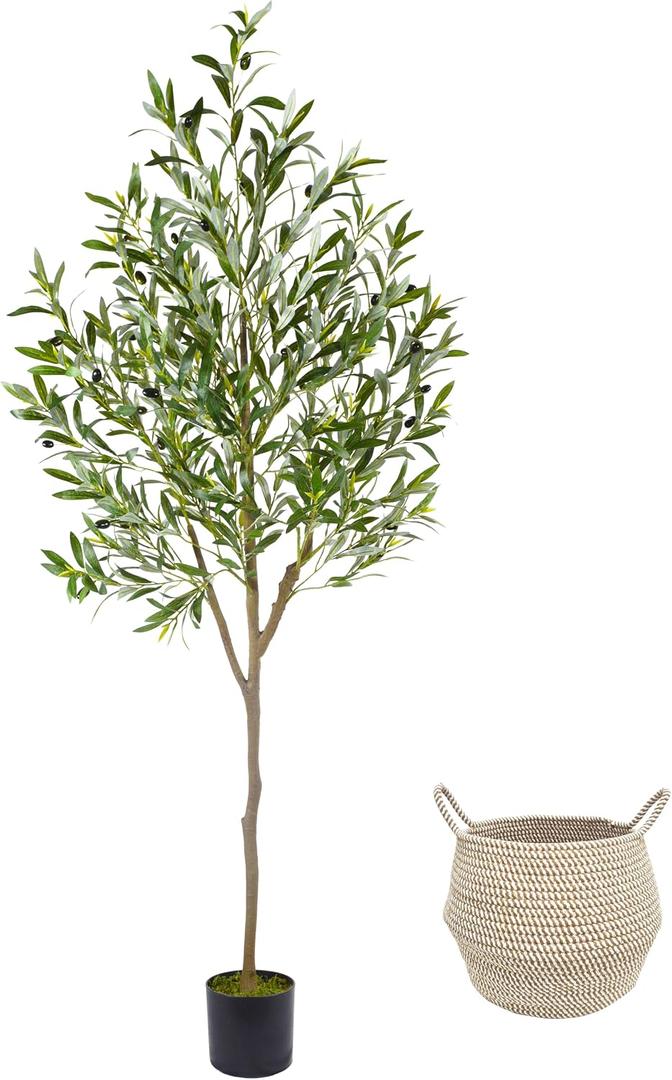 Warmplants Artificial Olive Tree, 6ft Tall Fake Olive Leaves Plant with Basket, Indoor Outdoor Faux Olive Topiary Silk Tree for Home Livingroom Office Decor