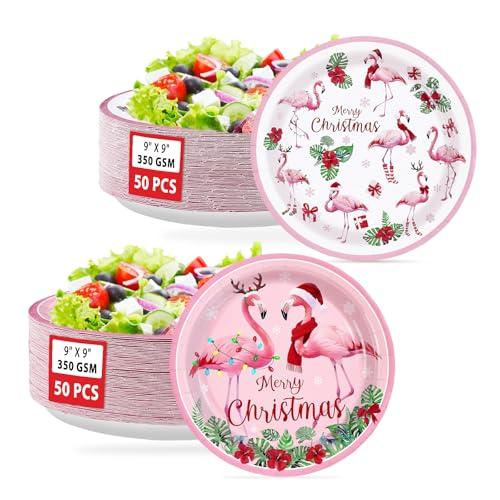 100Pcs Flamingo Christmas Paper Plates 9 Inch Hawaiian Pink Christmas Flamingo Disposable Plates Holiday Plate Tableware Sets for Baby Shower Winter Xmas Hawaii Beach Tropical Theme Party Decoration