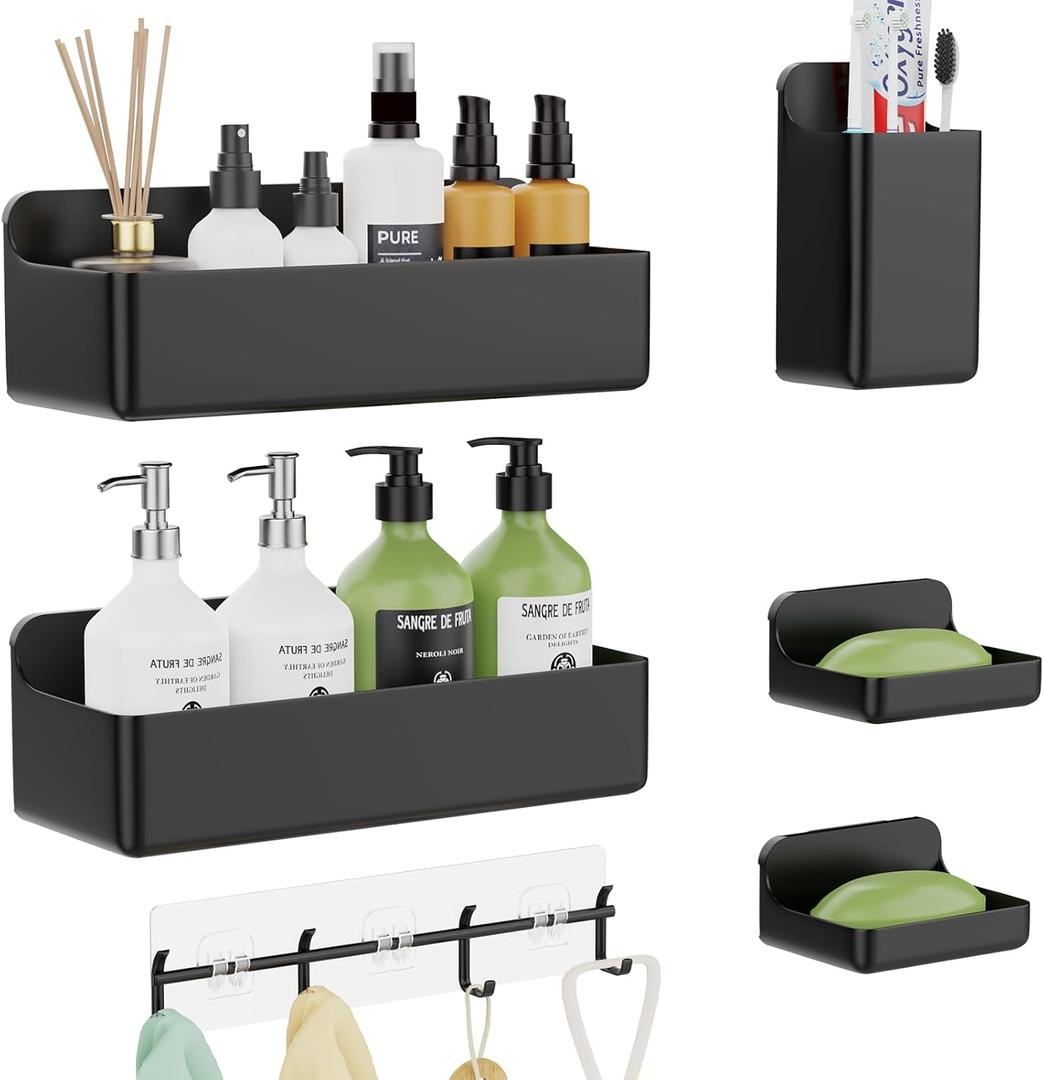 Adhesive Shower Caddy 6 Pack Rustproof Shower Shelves for Inside Shower No Drilling Bathroom Organizers and Storage with Soap Holder Large Rack Clear Black