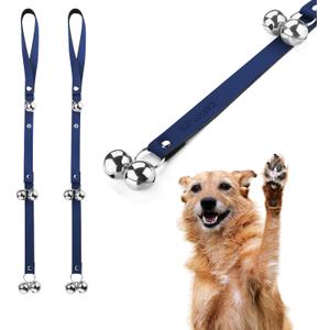 Leather Dog Doorbells for Door Knob/Potty Training/Go Outside, Length Adjustment Copper Dog Bell, Housetraining Hanging Bell, Blue Leather Silver Bells - 2 Pack