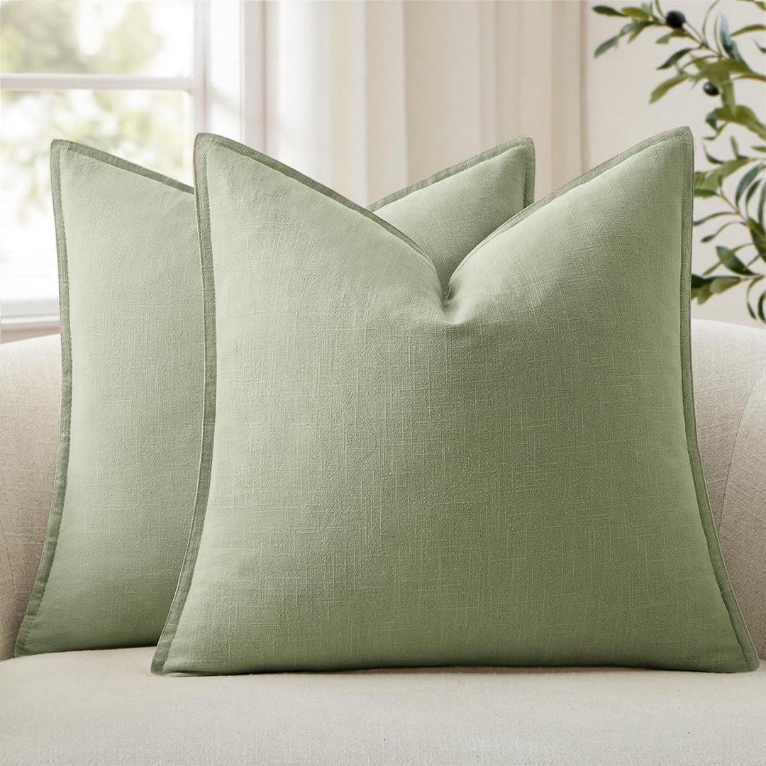 ANRODUO Pack of 2 Decorative Linen Pillow Covers Seeding Green Neutral Farmhouse Boho Soild Cushion Case Soft Accent Pillowcase for Couch Sofa Bedroom Living Room Summer Home Decor 20 x 20 Inch