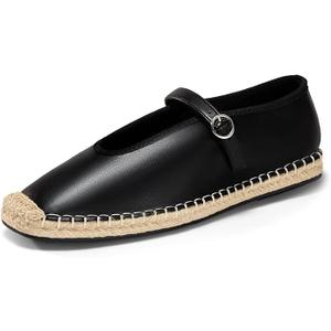 Coutgo Womens Espadrilles Mary Jane Flats Closed Sqaure Toe Ballet Flats Comfortable Dress Shoes, Black/PU, Size 8