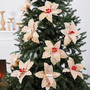 6 Pcs Large Christmas Gingerbread Poinsettia Flowers Tree Picks with Berries 10.6 Inches Christmas Tree Ornaments for Xmas Home Vase Decor(Gold)