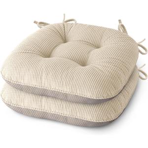 Indoor Dining Chair Cushions Set of 2 Kitchen Chair Pads with Ties Tufted Seat Cushion with Anti-Slip Backing 17"X16"X3" Cream