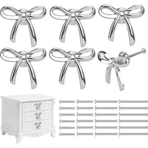 6 Pack Silver Bow Dresser Knobs Cute Drawer Knobs Zinc Alloy Brushed Brass Hardware Handles Pulls Vintage Cupboard Drawer Knob for Kitchen Cabinets Home Bedroom (6, Silver)