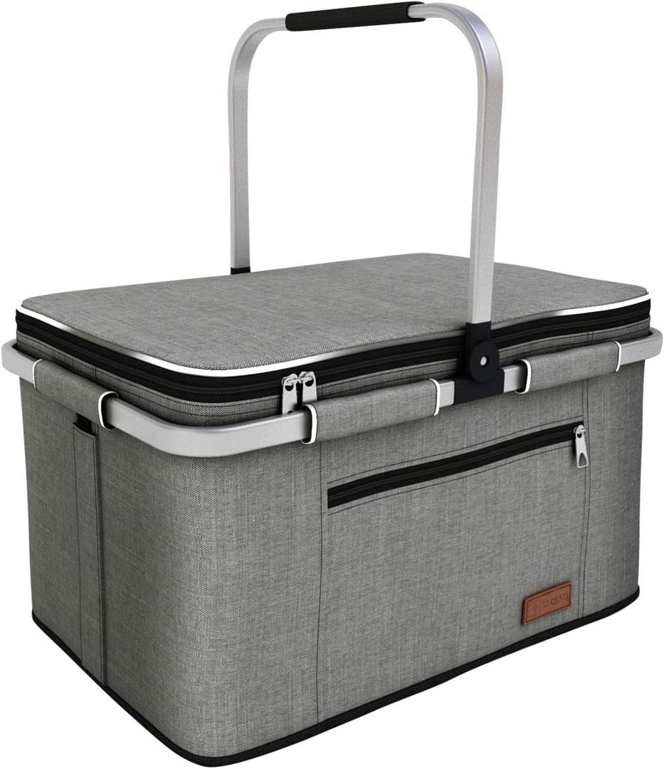 35L Large Picnic Basket 2 Layers of Internal Pockets Leak-Proof and Insulated Folding, Internal Support Does Not House Warming Gifts New Home, Wedding Gifts for Couple (Gray)